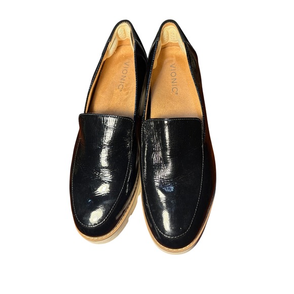 Vionic Shoes - Vionic Womens Black Patent Leather Suede Heel Lug Sole Platform Loafers Size 8.5